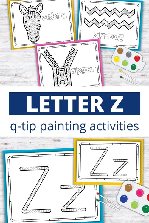 Letter Z q-tip painting printables with zebra, zig-zag, zipper, and uppercase/lowercase Zz for preschool fine motor activity