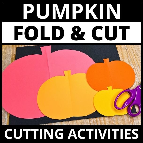 Colorful fold-and-cut pumpkin activity with pink, orange, yellow shapes and purple scissors on black paper