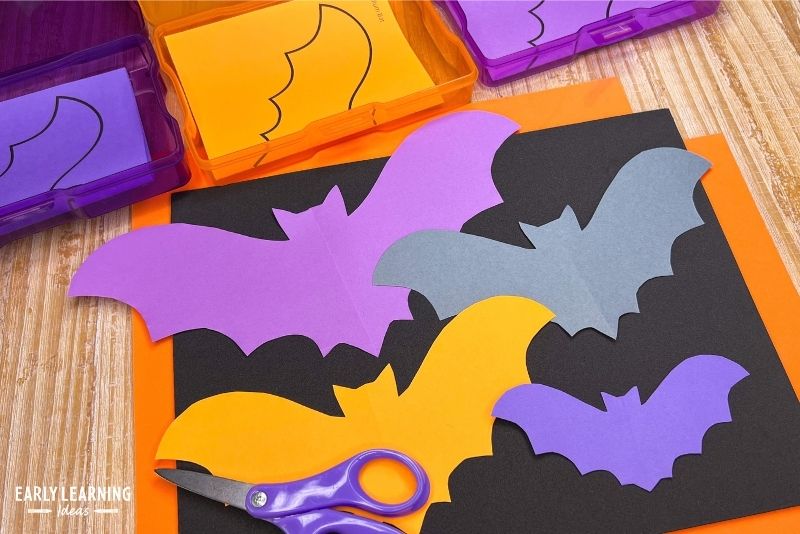 Fold and cut cutting practice bat templates in three sizes shown with scissors.